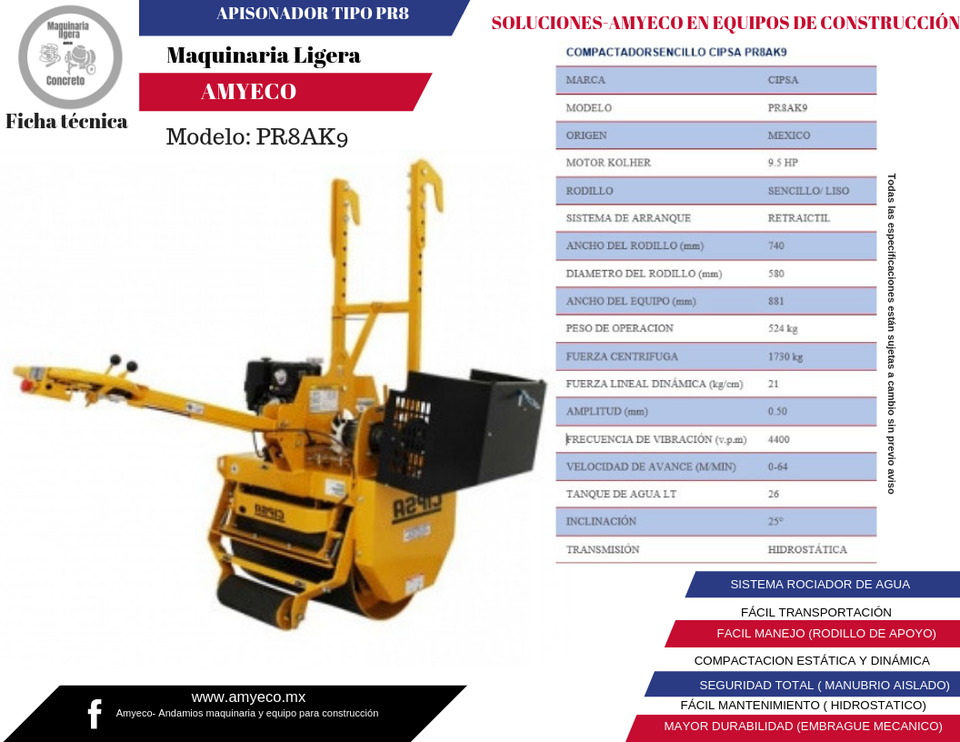 Compactador de rodillo CIPSA PR8 sencillo de 74 cm peso 524 kg Compactador de rodillo CIPSA PR8 sencillo de 74 cm peso 524 kg