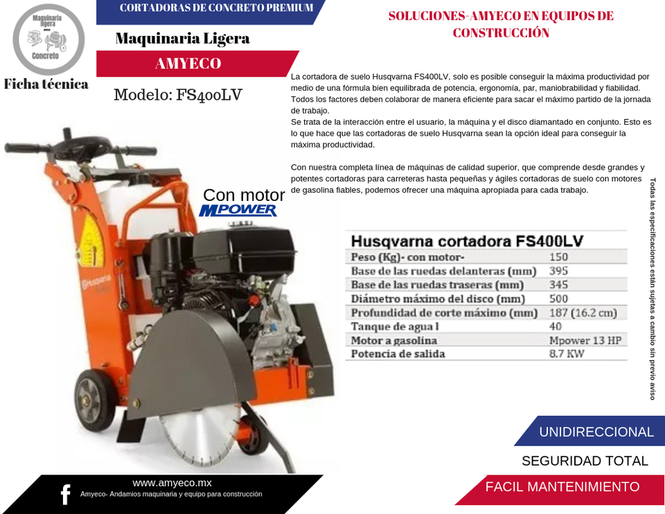 Cortadora de piso HUSQVARNA, ModeloFS400LV, con motor MPOWER