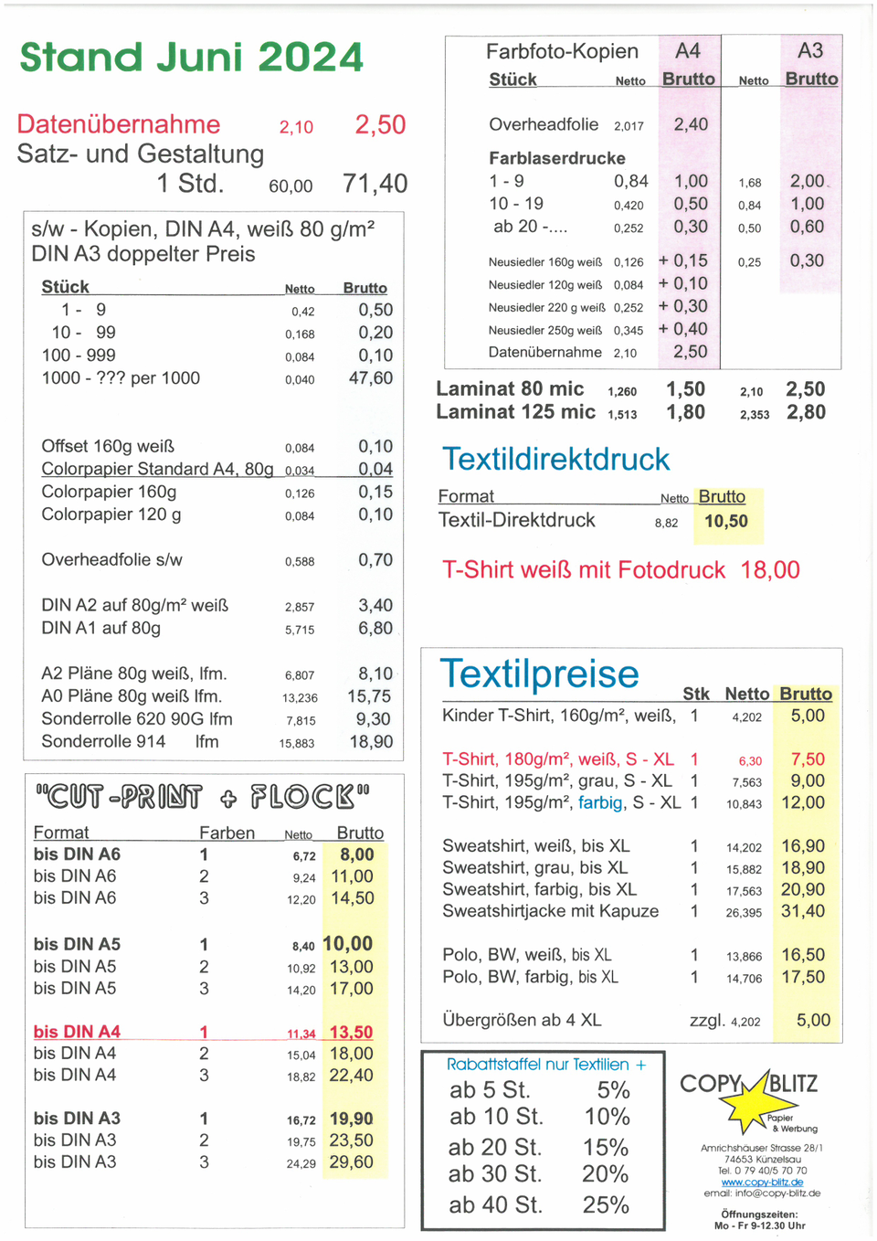 Preise für Kopien und Drucke Copy Blitz Künzelsau