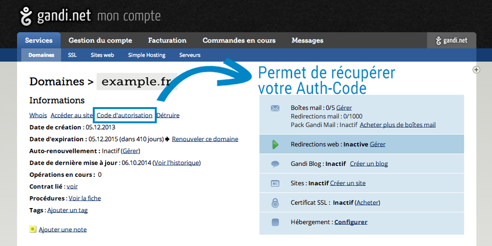 Capture de l'interface d'administration des noms de domaine de gandi