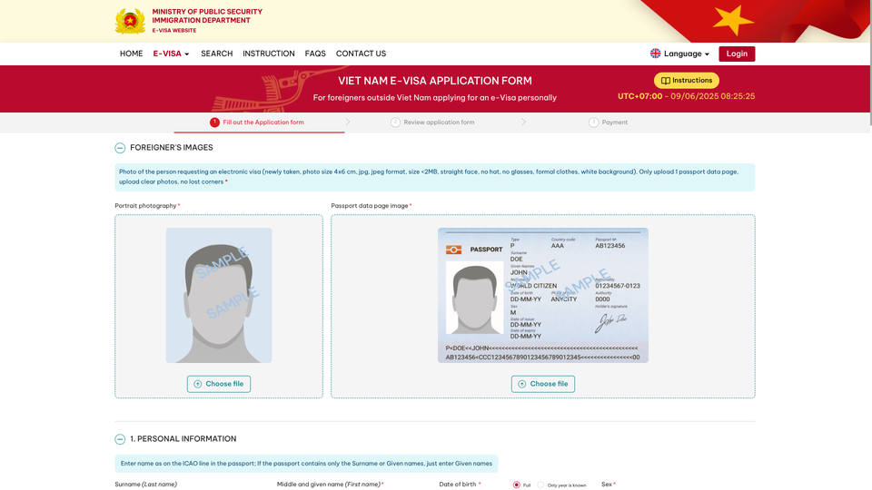 Screenshot offizielles E-Visa-Antragsformular Vietnam