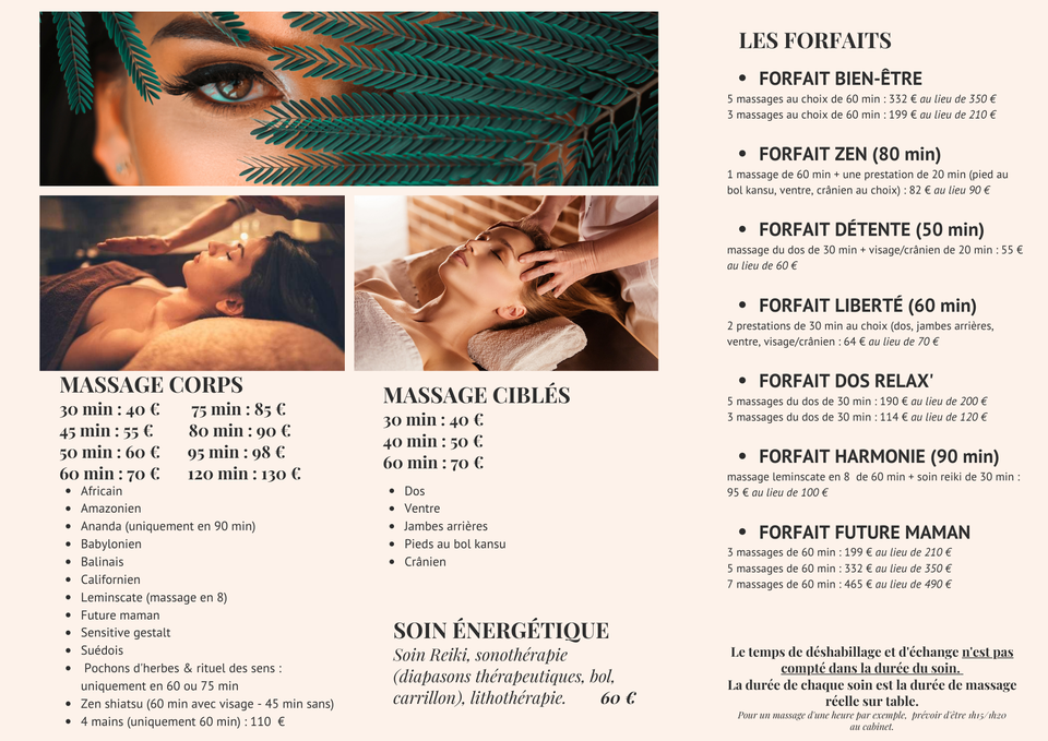 TARIF ET FORFAITS MASSAGE VENDEE BIEN ETRE LA ROCHE SUR YON