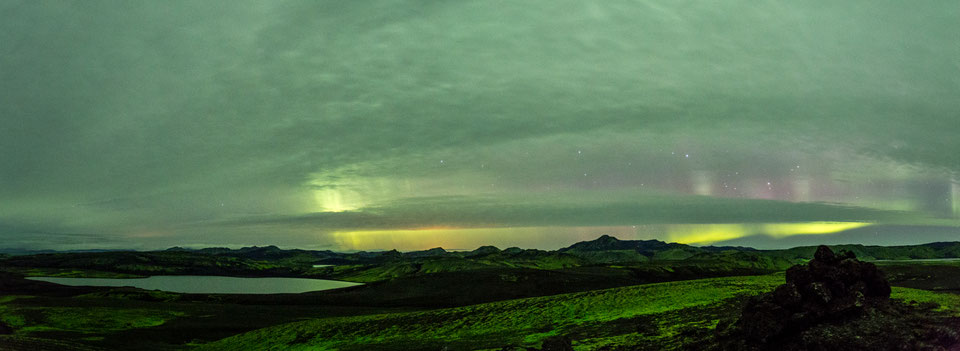 Northern lights over Laki lake in Iceland