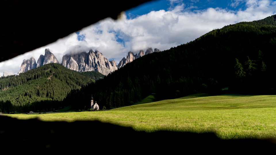 St. Johann church and Geislerspitzen in the background