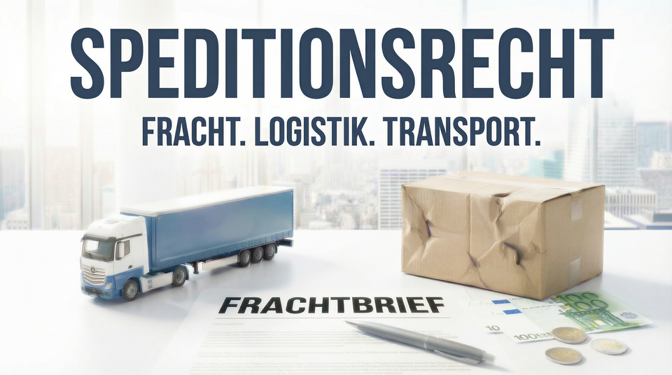 Speditionsrecht – Fracht, Logistik, Transport: Sattelzug-Lkw, Frachtbrief mit Stift, Paket und Geldscheine, Kanzlei Hunold & Rebber Wuppertal