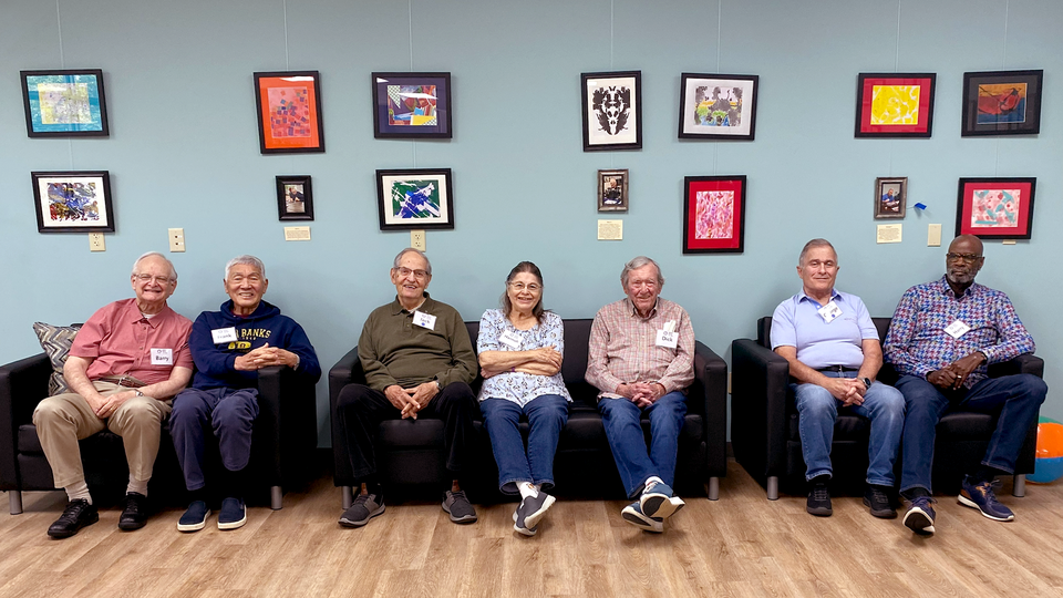 Participants in Jewish Family Service Adult Day Services program (ADS) proudly display their work. ADS helps older adults with memory challenges by regularly exposing them to physical, social, and cognitive activities—including art.