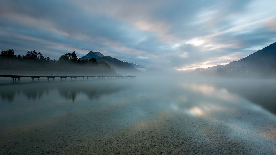 Fuschlsee jetty with cloudy morning sky