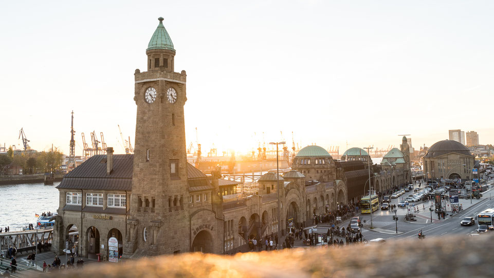 Hamburg Landungsbrücken at sunset