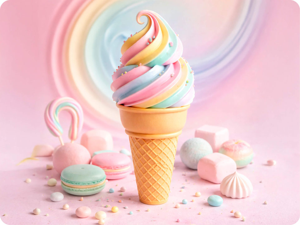 Internationale Studien zur Farbpsychologie zeigen, dass Pastellfarben bei Lebensmitteln wie Softeis oder Marshmallows mit Sanftheit, Süße und geringer Intensität assoziiert werden und dadurch die Erwartung eines „leichten“ Genusses erzeugen.