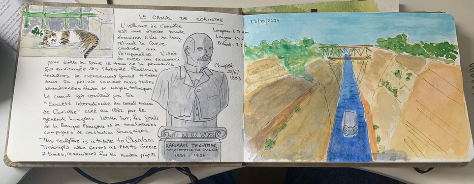 une illustration du canal avec des détails géographiques et un portrait d'un homme Charilaos Trikoupis. Le texte manuscrit fournit des informations historiques et techniques sur le canal de Corinthe, y compris ses dimensions et son importance historique.