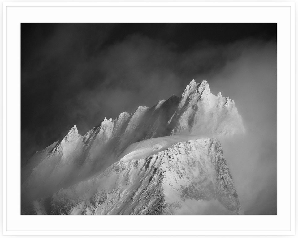 Black and white portrait of Rimpfischhorn in the Valais Alps, Switzerland