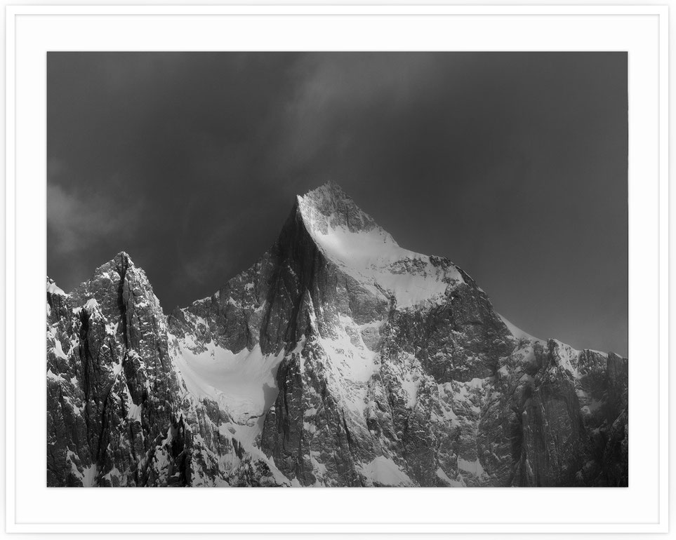 Black and white mountain portrait of Kleines Wannenhorn in the Valais Alps, Switzerland