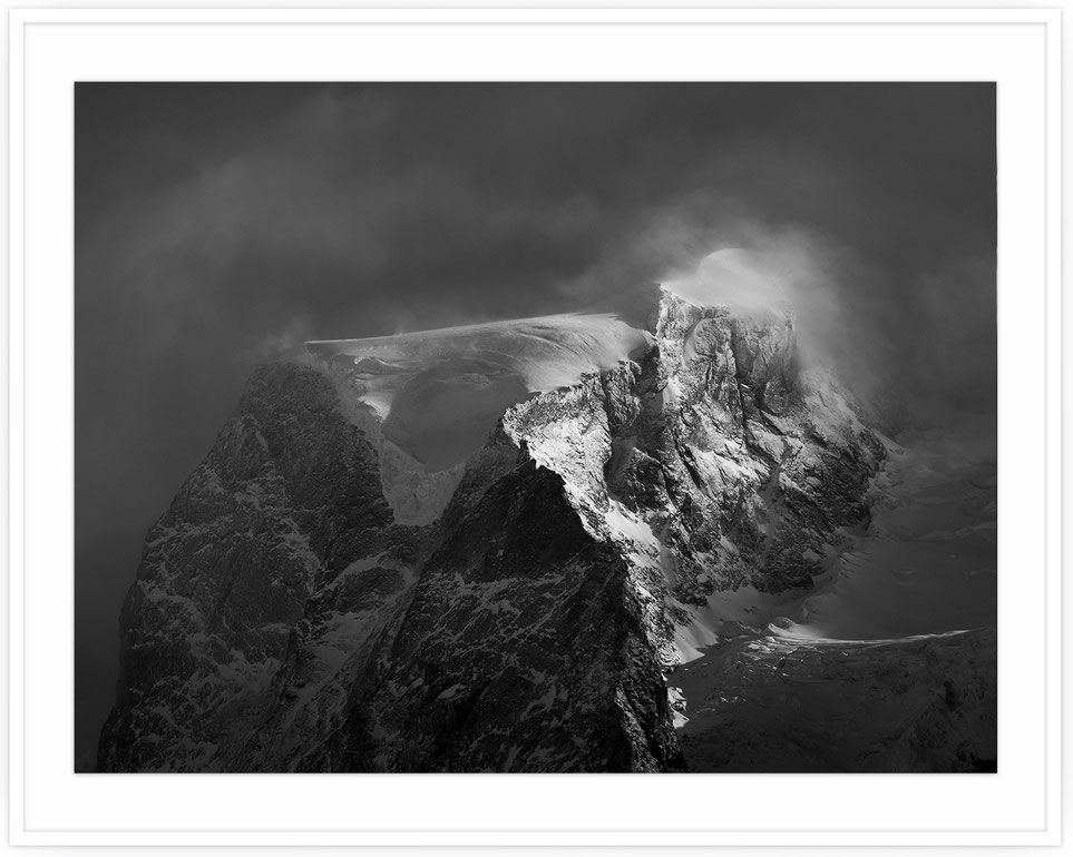 Black and white mountain portrait of Monte Rosa Nordend in the Alps