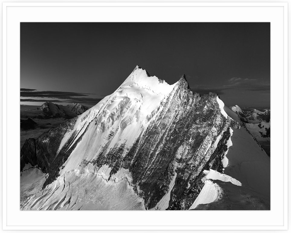 Black and white mountain portrait of Weisshorn in the Valais Alps, Switzerland