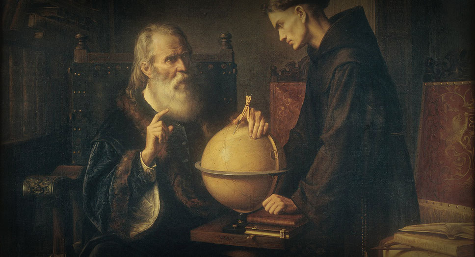 "Und sie bewegt sich doch": Galileo Galilei lehrt in Padua. Gemälde: Félix Parra (1845 - 1919), Lizenz: Gemeinfrei