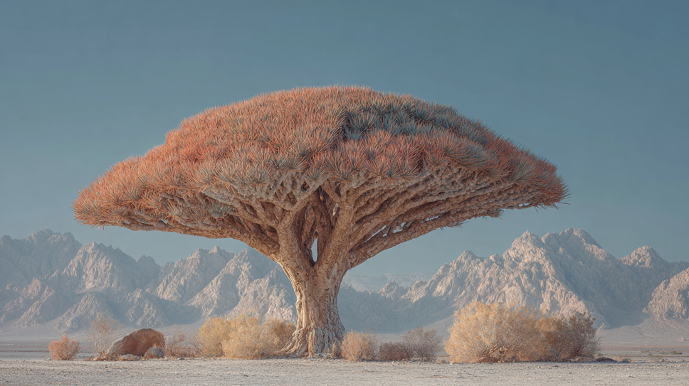 Ein riesiger, Drachenblut Baum mit vielen Ästen in Form eines Regenschirms steht allein auf dem weißen Wüstenboden vor den Bergen. Der obere Teil ist rot und gelblich-braun