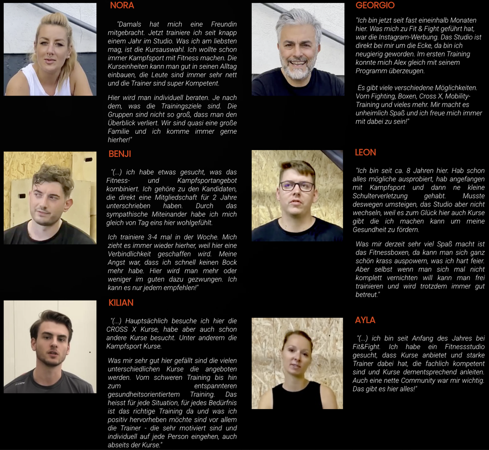 Mitglieder von Fit & Fight Mainz berichten über ihre Trainingserfahrungen im Fitness- und Kampfsportstudio