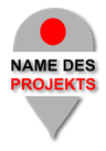 Logo, Verktorgrafik, Symbol Ortsmarkierung, Farben grau, weiß rot, Schriftzug: Name des Projekts