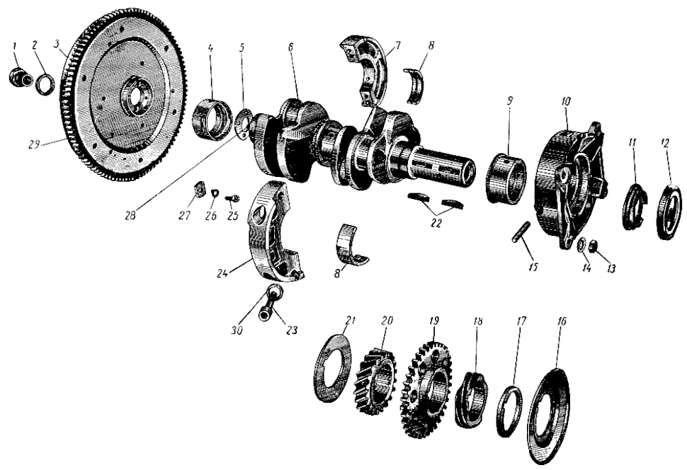 Kurbeltrieb Motor ZAZ 965. Crankshaft drive engine  SAS 965. Коленчатый вал и маховик, Поршни и шатуны ЗАЗ-965.