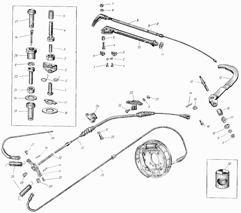 Handbremse und Hanbremshebel Moskwitsch M402, M403, M407, M423. Hand brake and hand brake lever Moskvich 402, 403, 407, 423. Механический привод тормозов) Центральный ручной тормоз) автомобиля Москвич М402, М403, М407, М423.