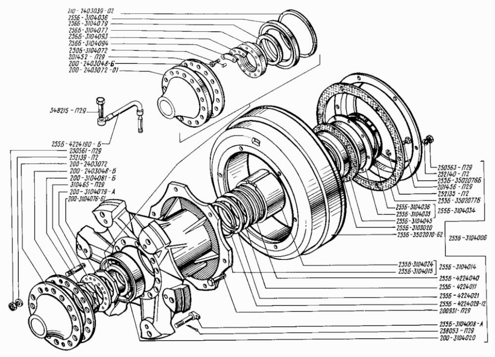 Radnaben und Bremstrommeln hinten KRAZ 255. Rear wheel hubs and brake drums KRAS 255. Ступицы задних колес и барабаны тормозные грузового автомобиля КРАЗ-255.