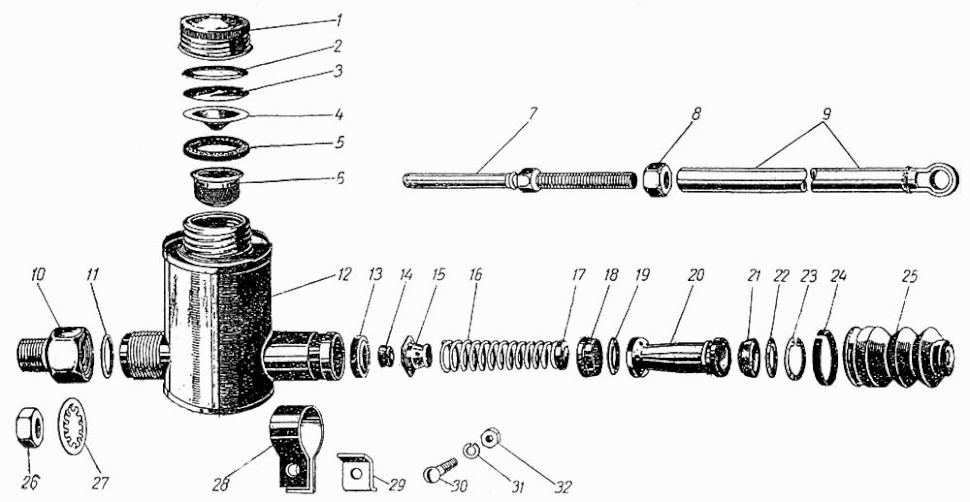 Hauptbremsyzlinder (HBZ) Moskwitsch Moskvich Mosi M400, M401, Opel Kadett K38. Brake master cylinder Moskvich M400, M401,Opel Kadett K38. Главный цилиндр тормоза (ГТЦ) Москвич М400, М401, Опель Кадет К38.