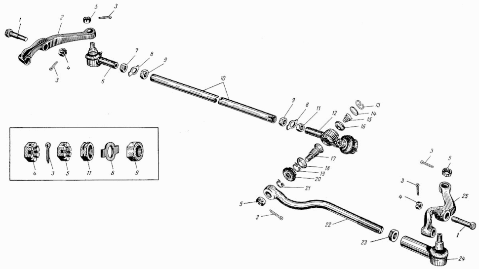Spurstangen und Umlenkmechanismus Moskwitsch M402, M403, M407, M423. Steering rods and steering idle Moskvich 402, 403, 407, 423. Поворотные рычаги и рулевые тяги автомобиля Москвич М402, М403, М407, М423.