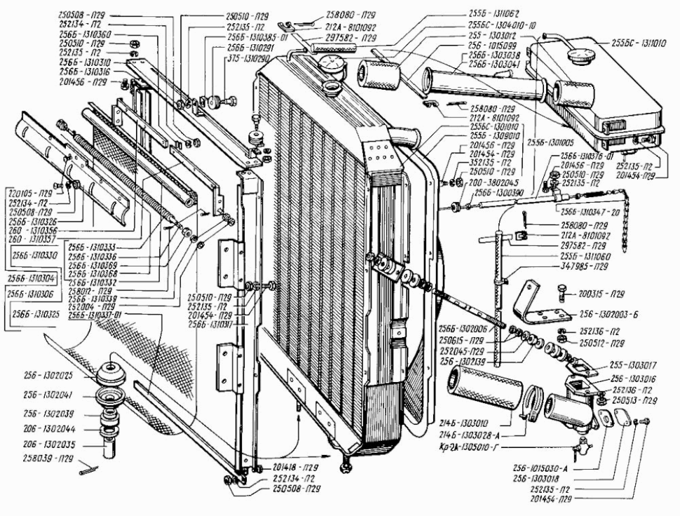 Ersatzteile Kühlsystem (Kühlung Motor, Motorkühlung) Motor KRAZ 255, KRAZ 256. Spare parts cooling system engine KRAS 255, KRAS 256. Запасные части системы охлаждения Двигателя КРАЗ 255, КРАЗ 256.