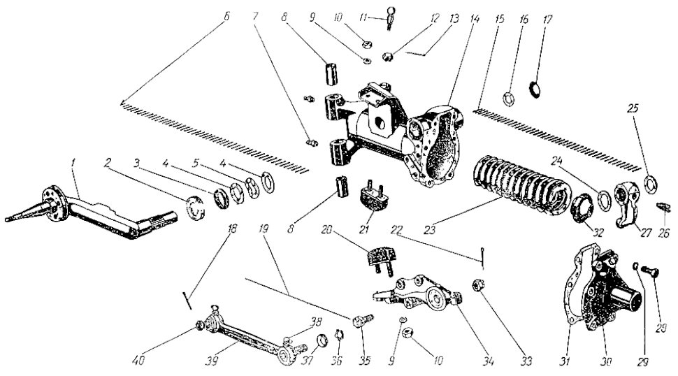 Vorderachse Moskwitsch M400, M401, Opel Kadett K38. Front suspension Moskvich M400, M401, Opel Kadett K38. Подвеска передняя Москвич М400, М401, Опель Кадет К38.