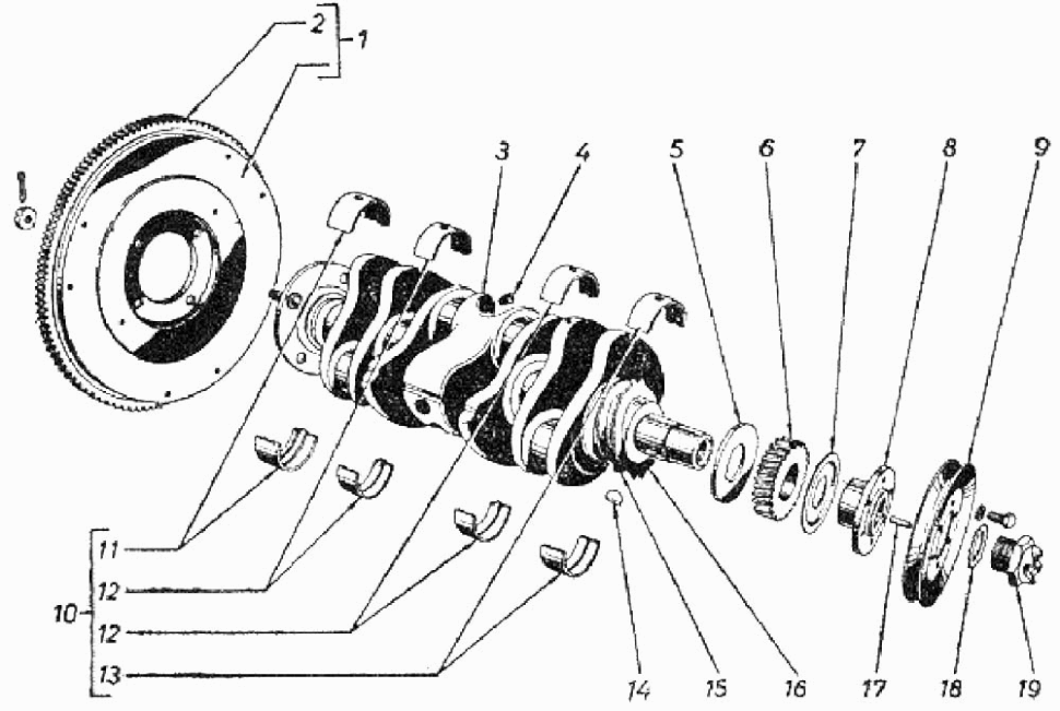 Kurbelwelle und Schwungscheibe (Schwungrad) GAZ 69, GAZ 69A. Crankshaft and Flywheel GAS 69, GAS 69A. Коленчатый вал и маховик ГАЗ 69, ГАЗ 69А.