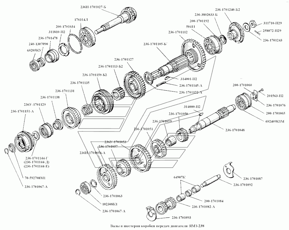 Getriebe Schaltgetriebe Innenteile MAZ 500A, MAZ 503A, MAZ 504A, MAZ 504B.  Gearbox inner MAS 500A, MAS 503A, MAS 504A, MAS 504B.  Валы и шестерни коробки передач МАЗ-500А, МАЗ-503А, МАЗ-504А, МАЗ-504Б.