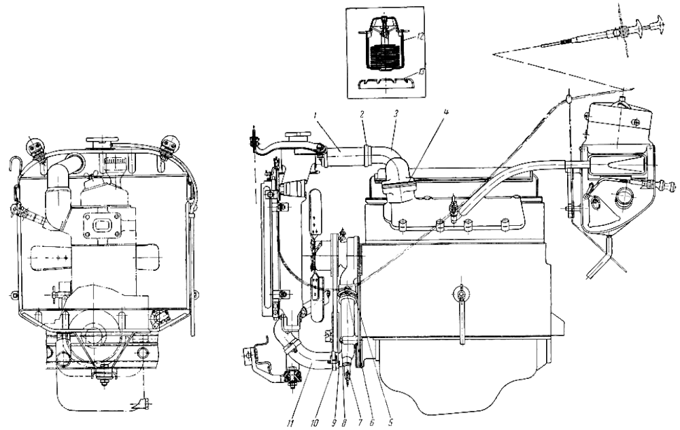 Kühlwasserleitungen und Kühlerschläuche, Thermostat Kühlung Motor (Motorkühlung) Moskvitch Moskwitsch M-402, M-403, M-407, M-423. Cooling Water Pipes and Hoses, thermostat cooling system Engine Moskvich 402, 403, 407, 423.
