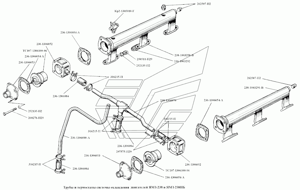 Kühlwasserleitungen, Röhre und Thermostate Kühlsystem Motor JaMZ JaMS 238 Jaroslawski Motorny Sawod. Cooling System Pipes And Hoses Engine YaMZ 238. Трубы и термостаты системы охлаждения двигателя ЯМЗ-238 ЯМЗ-238НБ (Ярославский моторный завод).