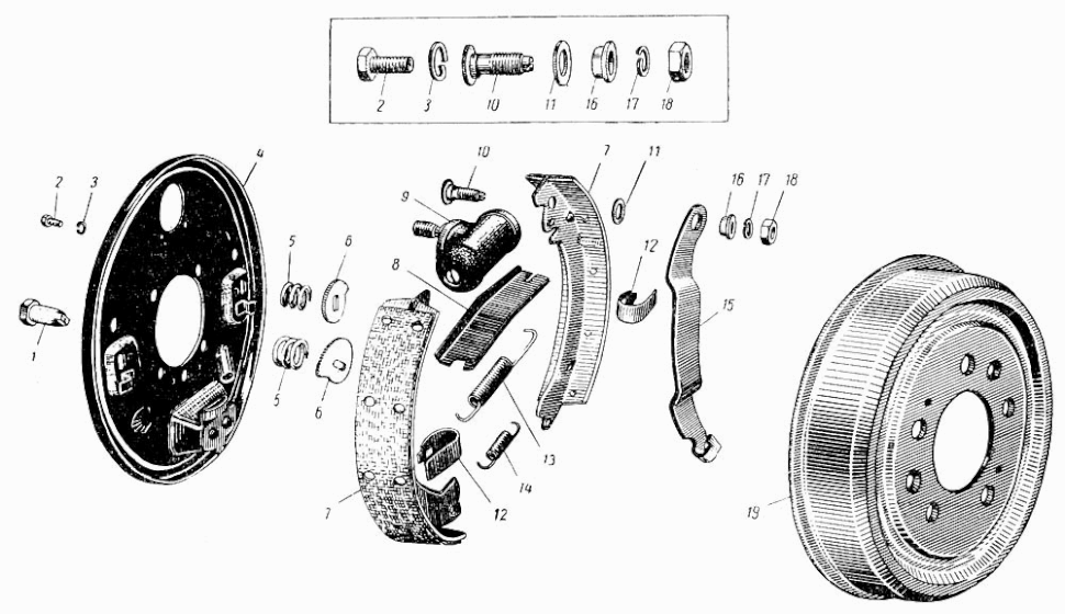 Bremse hinten (HA Hinterachse) Moskwitsch M402, M403, M407, M423. Rear brakes (RA Rear axle) Moskvich 402, 403, 407, 423. Задний Тормоз заднего колеса автомобиля Москвич М402, М403, М407, М423.