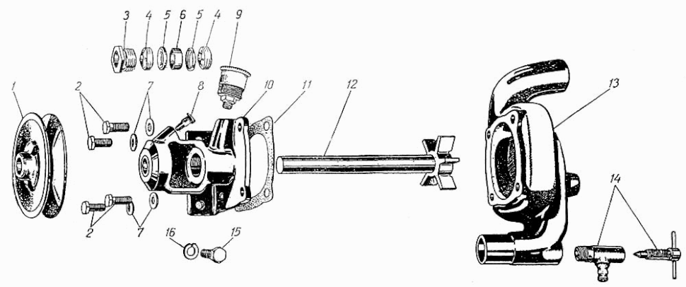 Wasserpumpe und Lüfterflügel Kühlung Motor Moskwitsch M400, M401, Opel Kadett K38. Water pump and fan blade cooling system Moskvich M400, M401, Opel Kadett K38. Насос водяной и Вентилятор системы охлаждения двигателя автомобиля Москвич М400, М401.