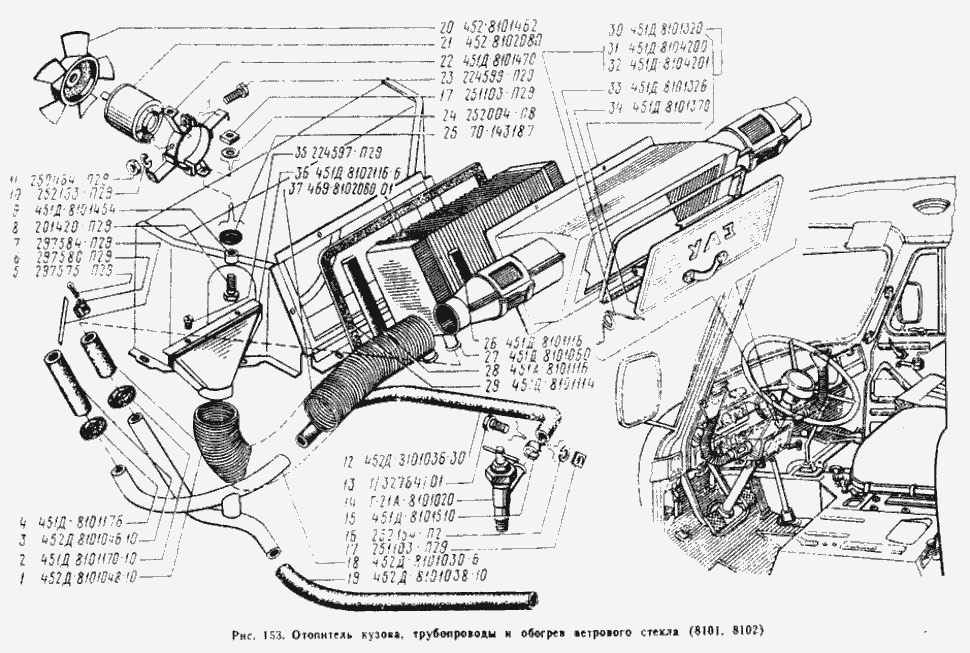  Heizung und Lüftung UAS 452 (3741 3962 2206 3303).  Heating and Ventilation UAZ-452 (3741 3962 2206 3303).   Отопитель кузова и трубопроводы, обогрев ветрового стекла  УАЗ 452 (3741 3962 2206 3303).