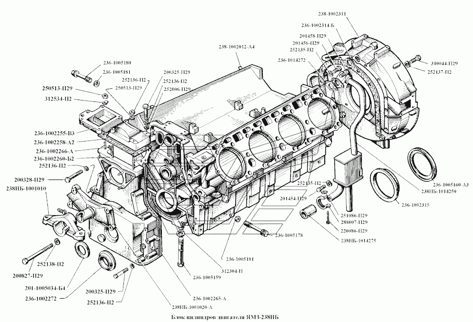 Motorblock Motor JaMZ JaMS 238NB. Engine Cylinder block YaMZ-238NB(H6). Блок цилиндров двигателя (мотора) ЯМЗ ЯМЗ-238НБ.