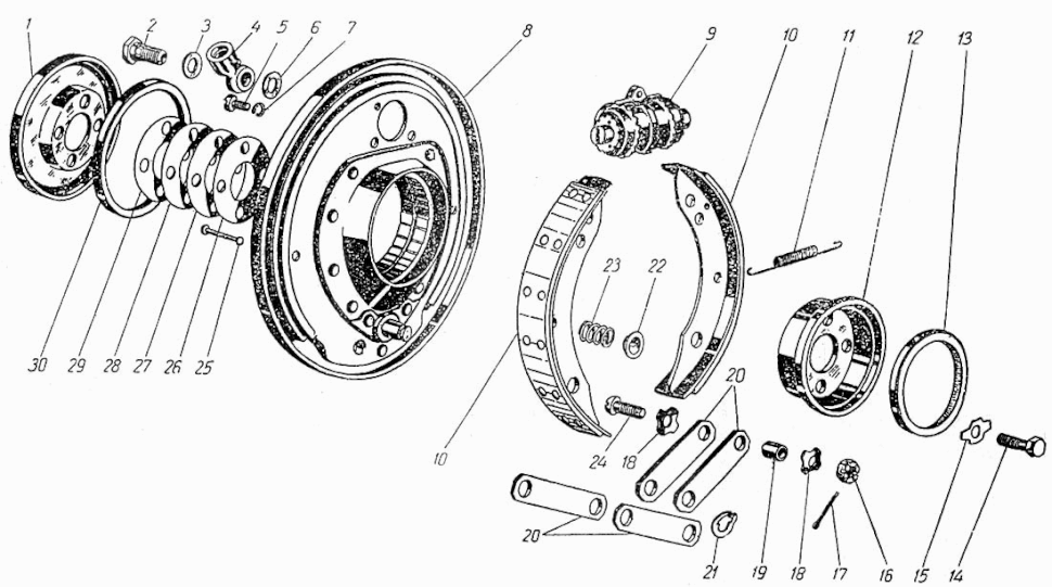 Bremse vorne (VA Vorderachse) Moskwitsch Mosi M400, M401, Opel Kadett K38. Front brakes (FA Front axle) Moskvich M400, M401,Opel Kadett K38. Ножные тормоза передние Москвич М400 (400-420), М401, Опель Кадет К38.