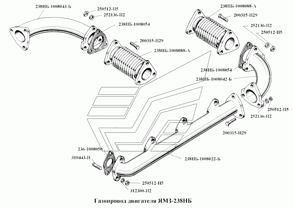 Abgaskrümmer (Auspuffkrümmer) Motor JaMZ JAMS 238H6, YAMS 238. Manifold engine YaMZ 238H6. Газопровод /Коллектор выпускной) двигателя (мотора)ЯМЗ 238 НБ.