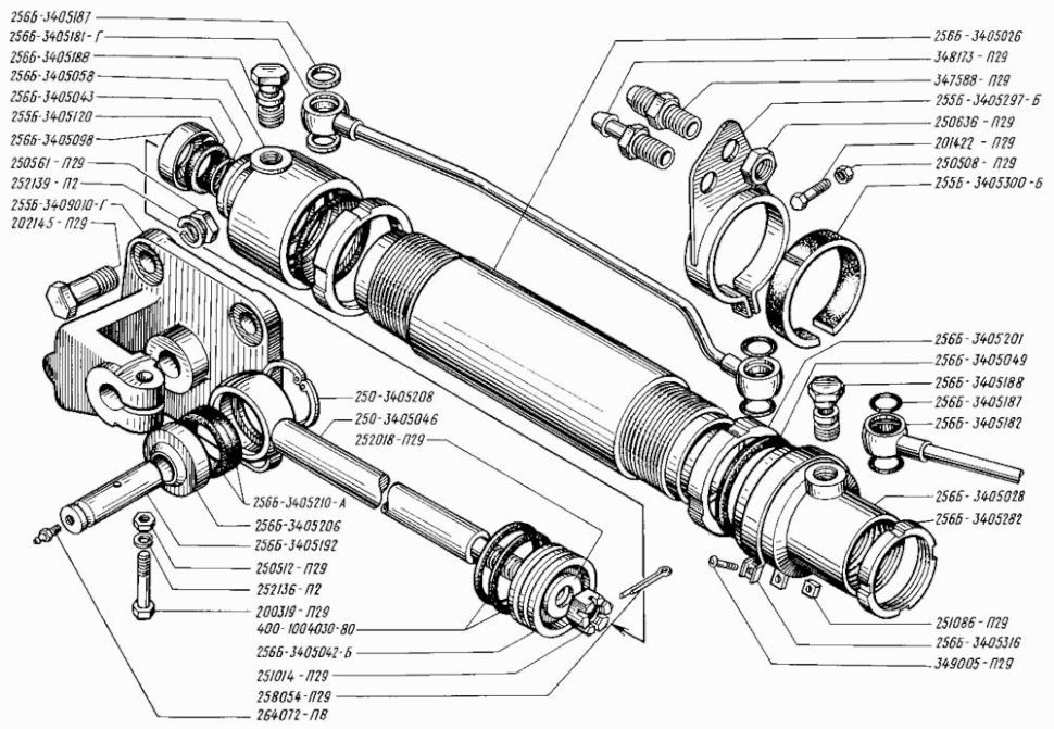 Hydraulischer Lenkzylinder KRAZ 255, KRAZ 256. Hydraulic steering cylinder KRAS 255, KRAS 256. Цилиндр силовой гидроусилителя рулевого управления (привода) КРАЗ-255, КРАЗ-256.