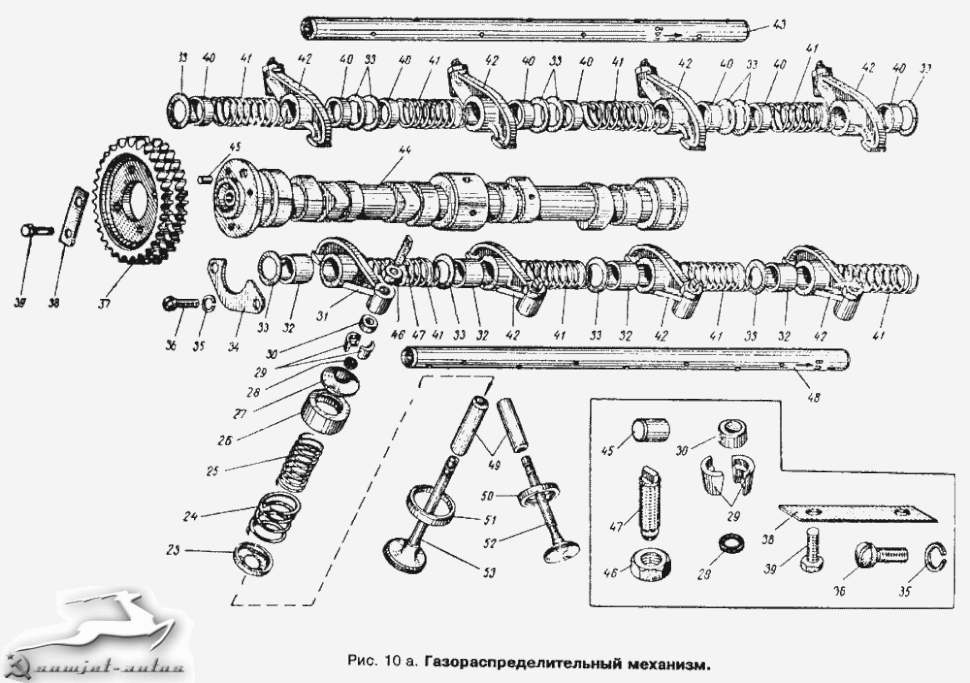 Nockenwelle, Kipphebelwellen und Ventile Motor UZAM-412 Moskwitsch 412/2140. Camshaft, Rocker shafts and valves engine USAM-412 Moskvich 412/2140. Распределительный вал, коромысла и клапаны двигателя УЗАМ-412 Москвич 412/2140.