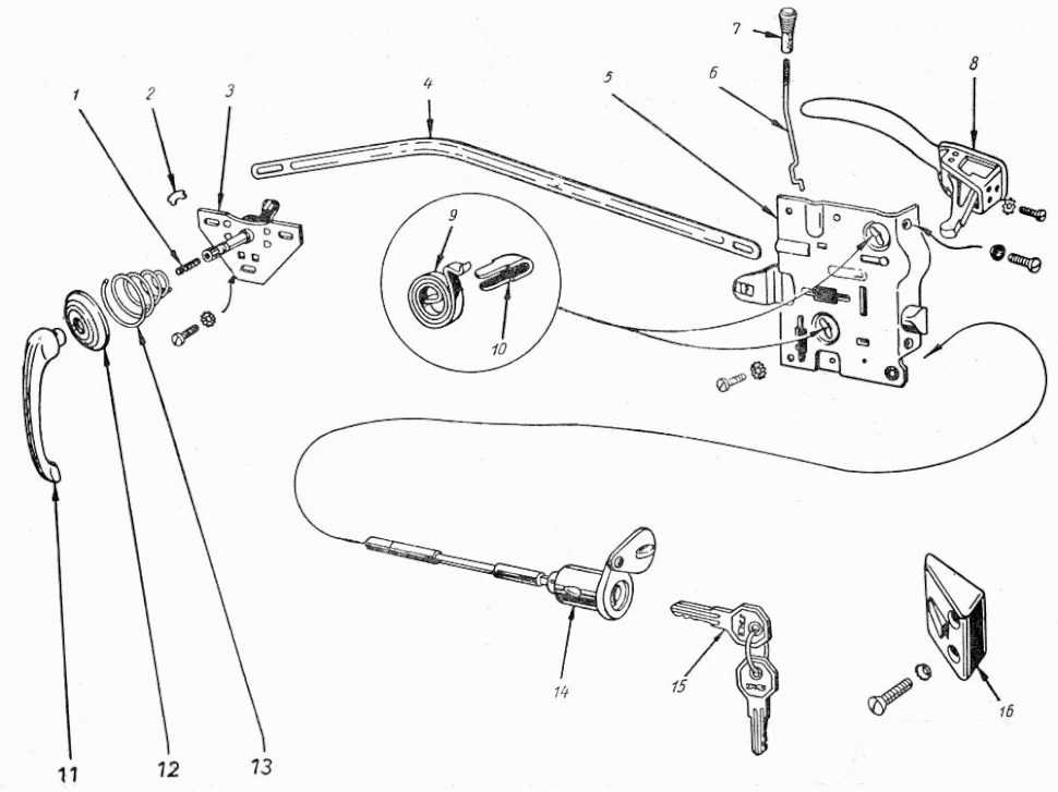 Türgriffe und Türschloss Tür vorne GAZ M-20 Pobeda. Front door lock and handles GAS M20. Замок и ручки передней двери М20 Победа.