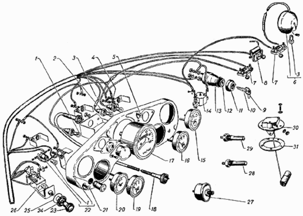 Armaturenbrett und Instrumente GAZ 69, GAZ 69A.  Dashboard and instruments GAS 69, GAS 69A.  Панель приборов ГАЗ 69,ГАЗ 69А.