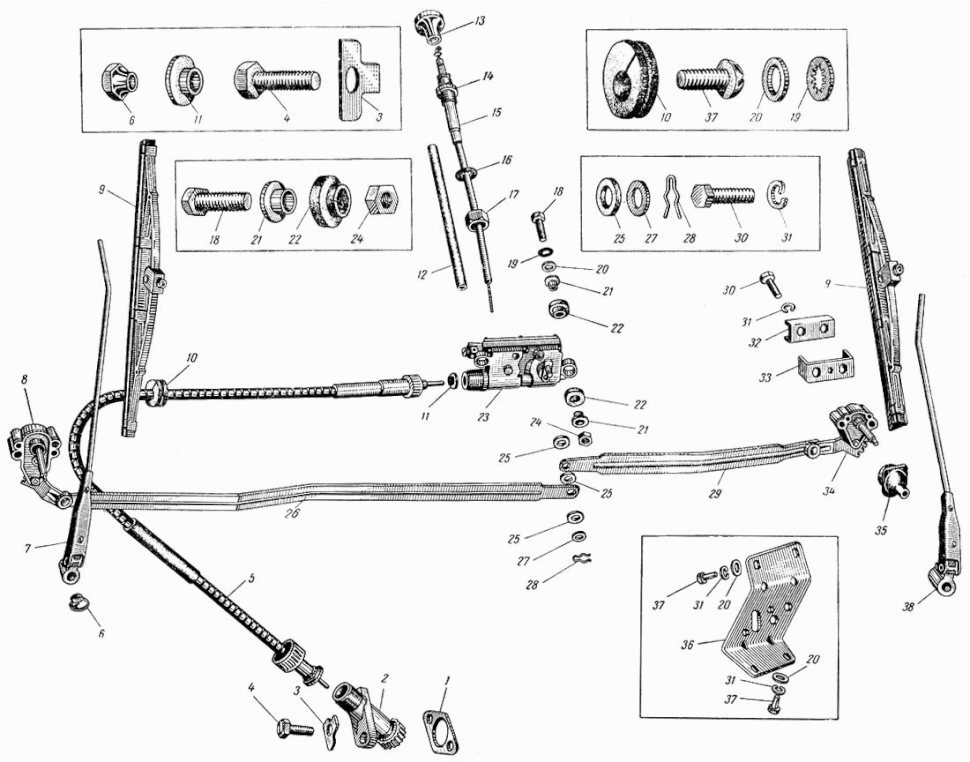 Scheibenwischer und Scheibenwischerantrieb Moskvitch Moskwitsch M402, M403, M407, M423. Windshield wipers and wiper drive Moskvich 402, 403, 407, 423. Стеклоочиститель и привод автомобиля Москвич М402, М403, М407, М423.