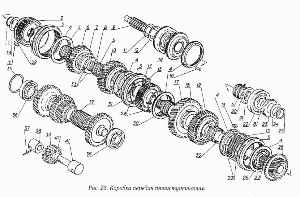 Eingangswelle, Vorgelege, Gangrad, Rückwärtsgang, Getriebehauptwelle, Schneckenrad, Tachoantrieb 5-Gang Getriebe.  Вал первичный, Блок шестерен промежуточного вала и Шестерня заднего хода, Шестерня привода спидометра ведущая Коробки передач (КПП) 5-ти 
