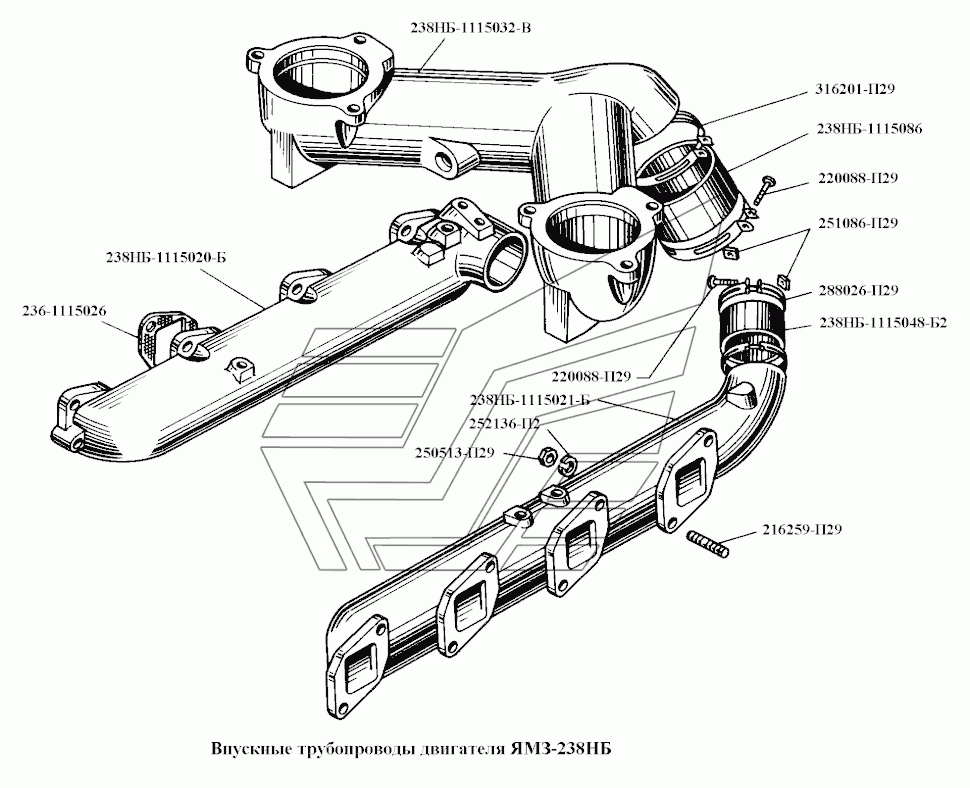 Ansaugkrümmer JAMZ 238HB. Intake manifold YAMS 238H6. Впускные трубопроводы двигателя ЯМЗ-238НБ.