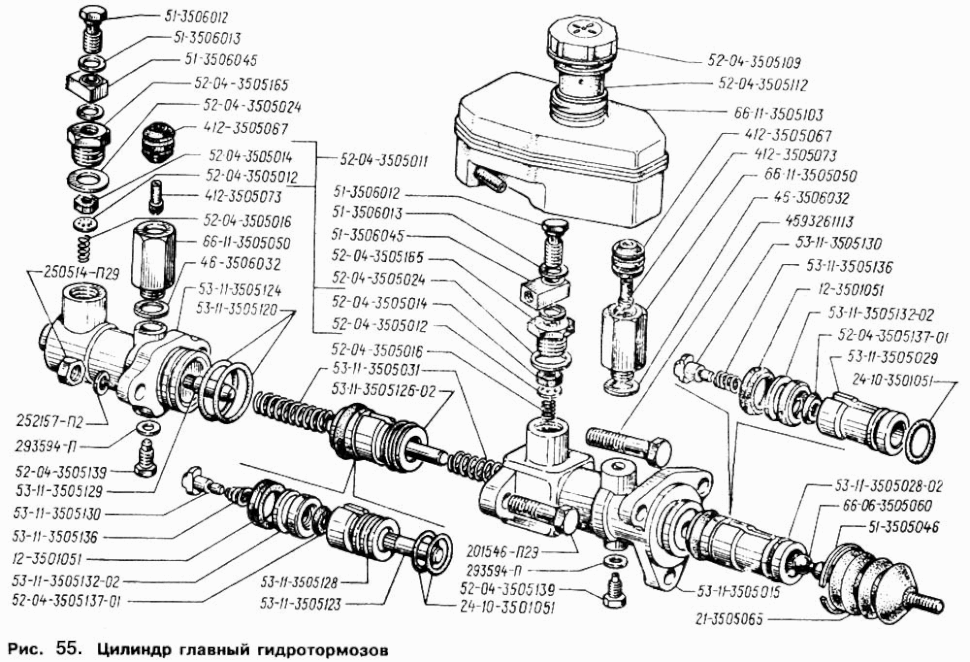 Hauptbremszylinder und Kupplungsgeberzylinder HBZ, Bremspedal. Zweikreissystem Bremssystem GAZ 66. Brake and clutch master cylinder, Brake pedal. Dual-circuit braking system GAZ 66.