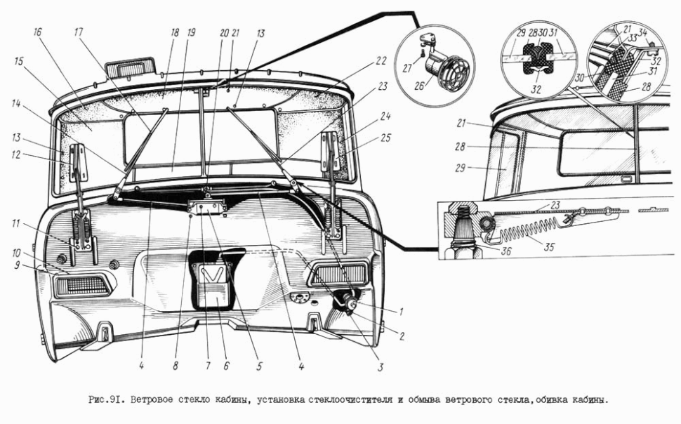 Frontscheibe, Scheibenwischer und Frontscheibenwaschanlage, Kabine Innenverkleidung (Verkleidung Fahrerhaus) LKW ZIL-130, ZIL-131. Ветровое стекло кабины, установка стеклоочистителя и обмыва ветрового стекла, обивка кабины ЗИЛ 130, ЗИЛ 131.