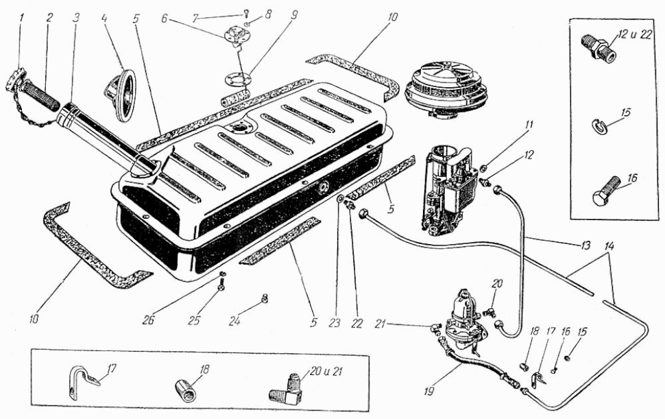 Benzintank Tank und Kraftstoffleitungen Benzinleitungen Moskwitsch M400, M401, Opel Kadett K38. Fuel tank and fuel lines Moskvich M400, M401, Opel Kadett K38. Бак бензиновый. Бензопроводы Москвич-400-420 двигателя (мотора) автомобиля Москвич М400, М401.