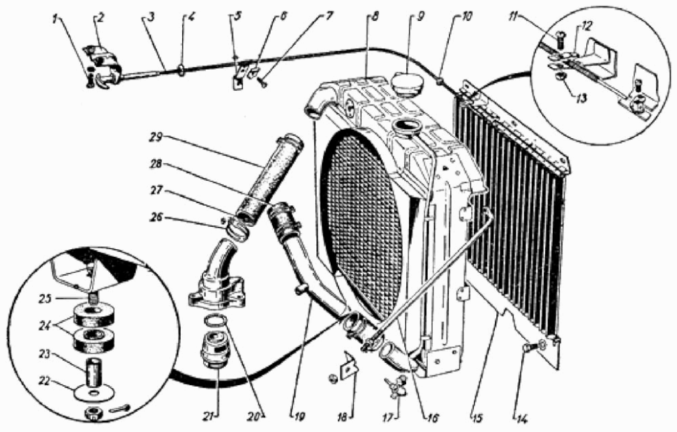 Kühler, Thermostatgehäuse, Thermostat GAZ 69, GAZ 69A.  Radiator, thermostat housing, thermostat GAS 69, GAS 69A.  Радиатор, Корпус Термостата, термостат ГАЗ 69, ГАЗ 69А.